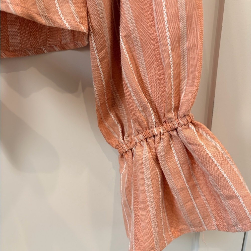 Striped Peach Linen Tie-Front cropped blouse/cardigan - Picture 2 of 4
